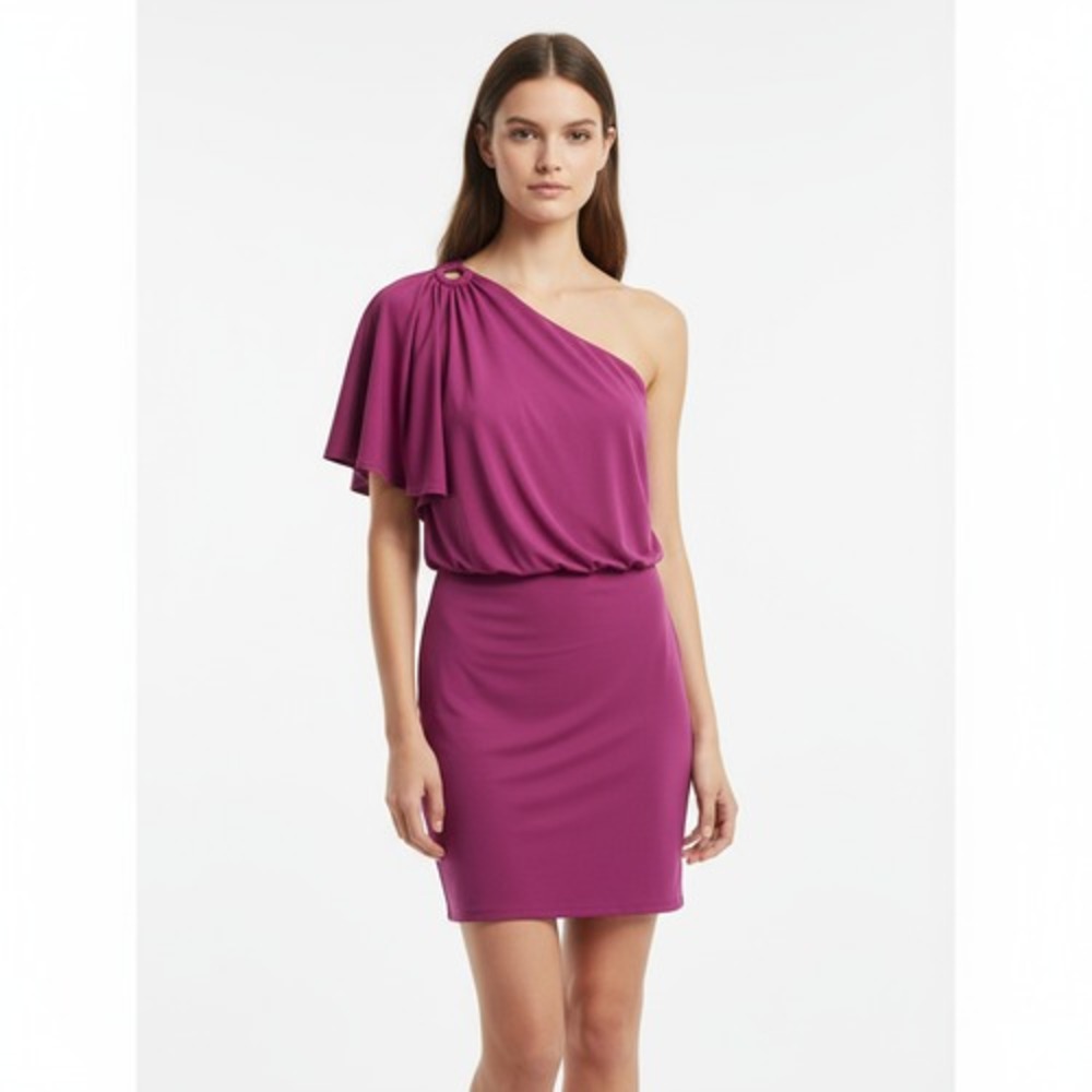 3/$15 White House Black Market Size 0 Pink One Shoulder Flutter Sleeve Dress